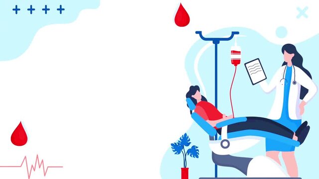 Blood donation presentation background with a doctor looking over a patient receiving a transfusion.