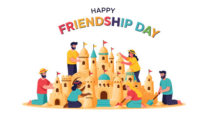Fototapeta premium Happy Friendship Day Sandcastle: People of diverse backgrounds collaborate to build an elaborate sandcastle on a beach, celebrating the spirit of friendship and teamwork.