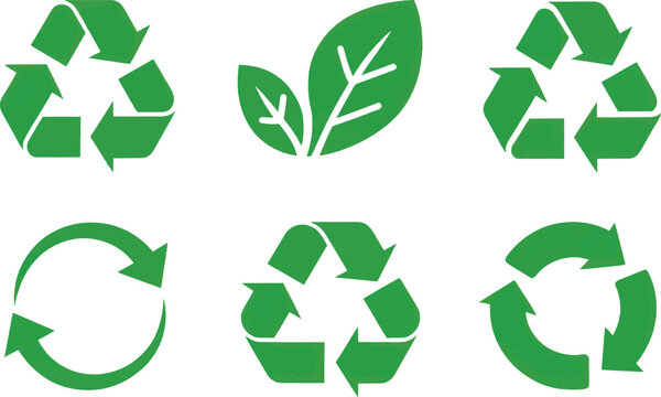 Recycle icons combined with organic leaf motifs illustrate green initiatives and sustainable practices in a cohesive visual set intended for environmental communications and ecological brand.
