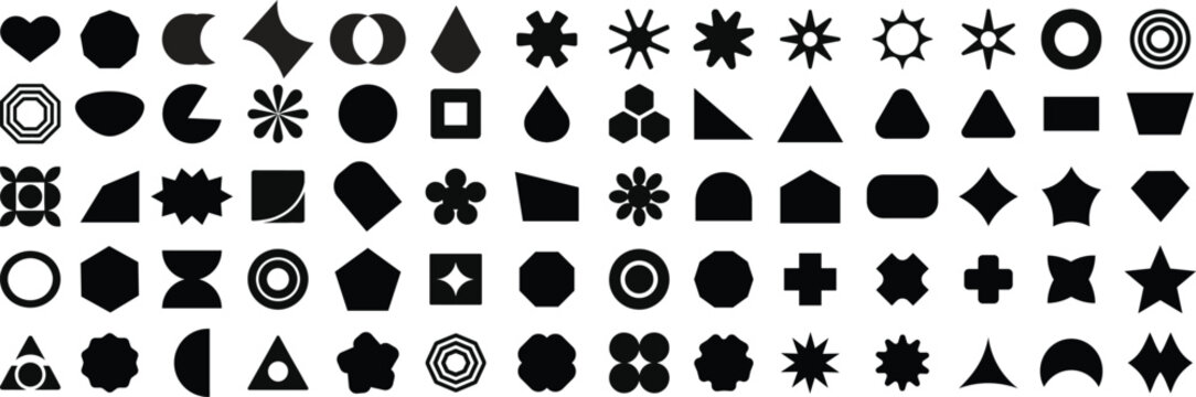 Collection Abstract and vector basic shapes. Geometric formal shape. Polygonal elements set . Trendy minimalist basic figure, diamond, circles, hexagon, star, triangle flat style. Vector illustration