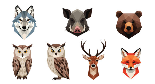 Collection of geometric low poly animal heads including a wolf, boar, bear, owls, deer, and fox against a clean white background.