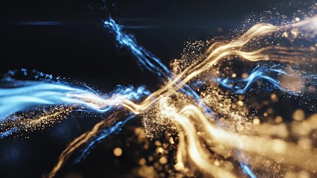 Abstract streaks of golden and blue light intertwine against a dark background, creating a dynamic and ethereal visual effect.