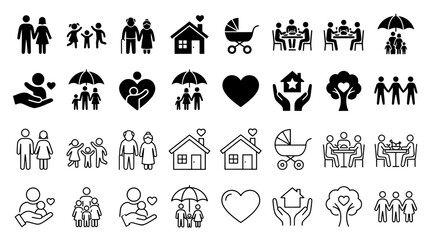 Fototapeta premium Professional family icon set featuring parenting, love, care, and togetherness concepts in a modern editable vector style.