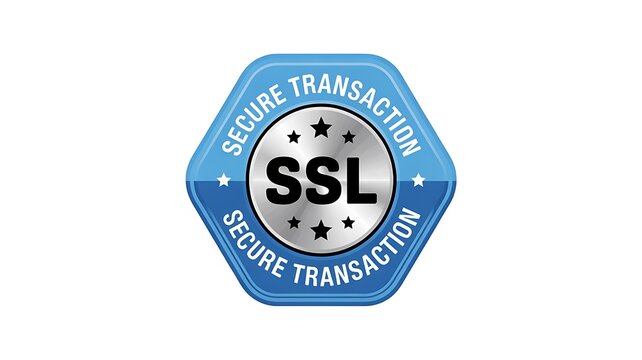 SSL secure transaction seal, blue security badge, website trust icon, secure payment symbol