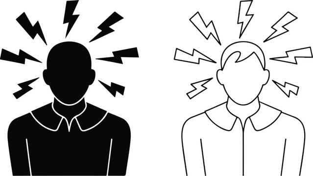 Minimalist Human Head with Lightning Bolts Stress Icon Set, Modern Migraine Headache, Mental Health, and Tension Vector Graphics.