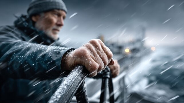 Man grips boat railing during stormy weather while fishing at sea
