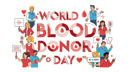 Fototapeta premium World Blood Donor Day Illustration: A vibrant illustration celebrating World Blood Donor Day, featuring diverse individuals holding signs and medical symbols.