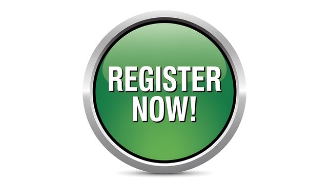 Green register now button, call to action icon, web interface element, sign up symbol