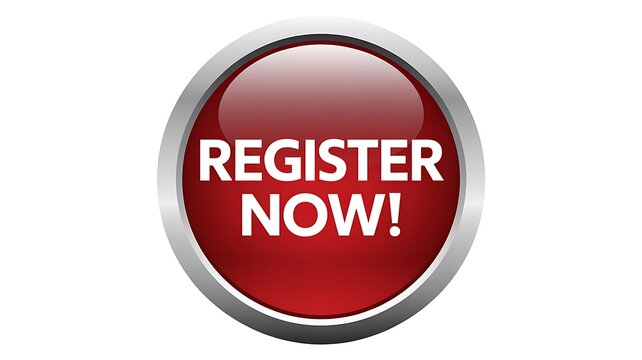 Red Register Now button, call to action, web sign up icon, registration symbol, shiny red badge