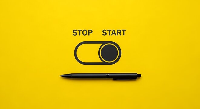 Minimalist start stop toggle switch on yellow background, conceptual business motivation and change management, black pen with switch icon