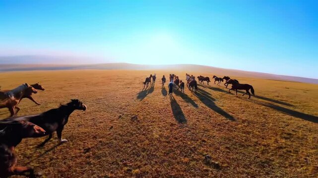 Aerial view of wild horse herd running across open grassland at sunrise