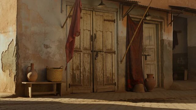 Rustic Traditional Mediterranean Building Exterior with Wooden Doors and Terracotta Jugs in Warm