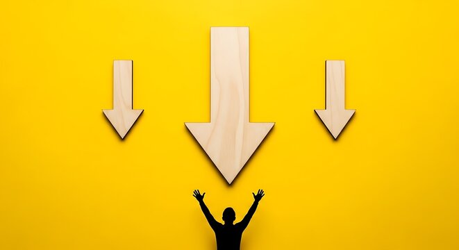 Minimalist wooden arrows pointing down at human silhouette, financial decline and business failure concept, yellow background with downward symbols
