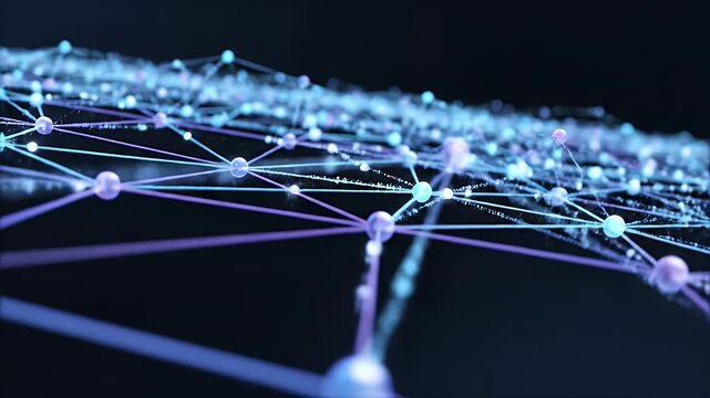 A futuristic abstract visualization depicts a complex network of interconnected nodes and lines against a dark background, symbolizing data flow and digital connectivity.