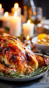 holiday dinner table with roast, roasted potatoes, wine glasses, smiling older couple, warm bokeh lights, cozy knit sweaters, rustic wooden table, candid