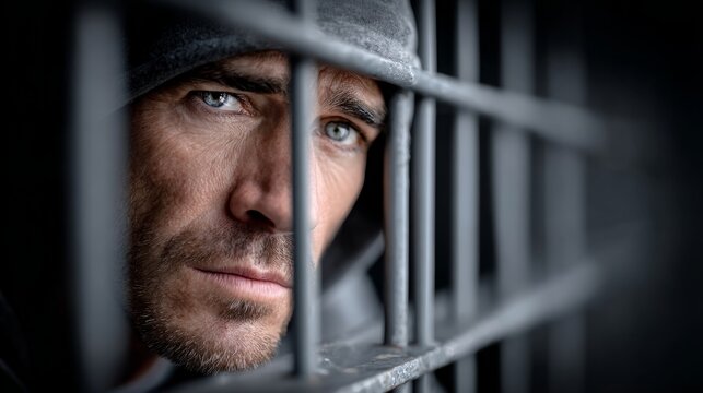 Portrait of a man reflecting on his circumstances behind bars in a confinement setting
