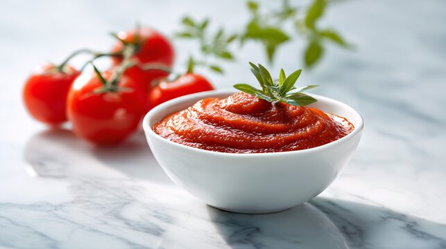 A modern editorial shot of tomato puree served in a white bowl on a marble background with subtle reflections