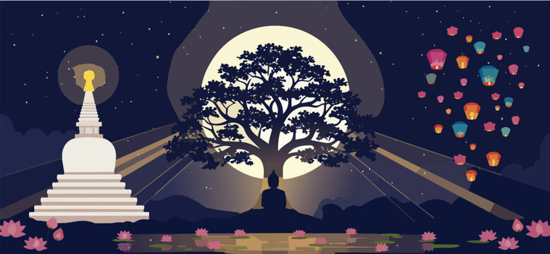 International Vesak Day Buddhist Celebration Illustration with Buddha Enlightenment Lotus Lantern Candle Temple Meditation Peace Spiritual Harmony Festival Sri Lanka Poster Banner Design
