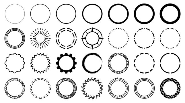 Minimalist Circle Icon Vector Set with 24 Unique Geometric Round Line Borders in Grid
