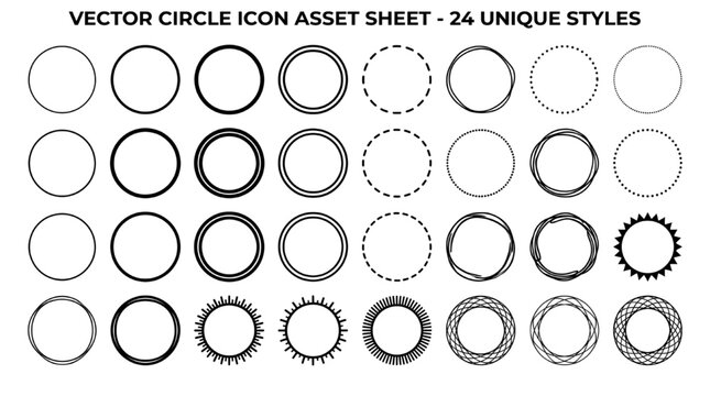 Vector Circle Stroke Styles Set with 24 Technical Line Borders and Geometric Segmented