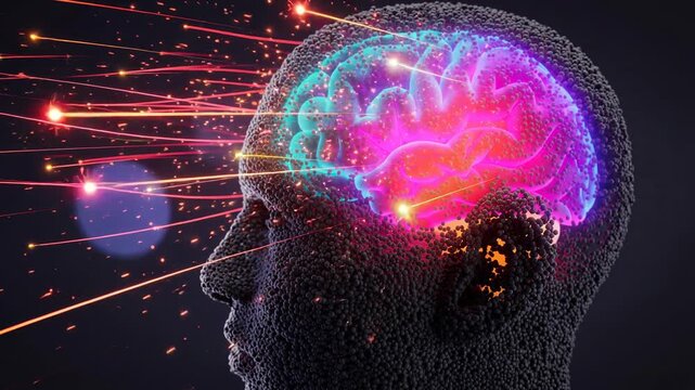 Abstract human head made of tiny spheres with glowing neon brain animation futuristic concept
