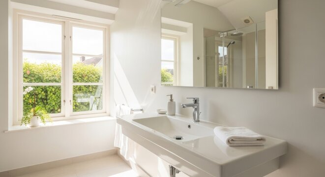Bright bathroom interior features a white vanity with sink under a large mirror reflecting a shower enclosure