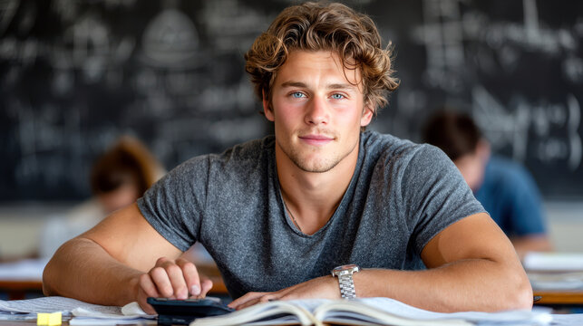 High school student using calculator at classroom desk for math study and homework background for education banner and learning materials