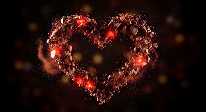 Exploding heart of stone fragments with red light dramatic visual