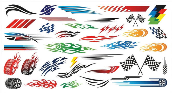 Collection of racing car decals and stickers for customization.