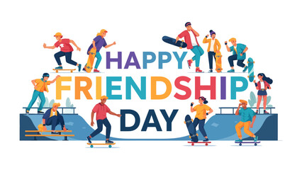 Celebrating Friendship and Fun: A vibrant illustration depicts friends joyfully skateboarding and enjoying themselves on a sunny day, with the words Happy Friendship Day prominently displayed. © AJM