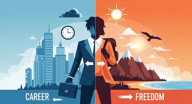 Person balancing career and freedom lifestyle choices.