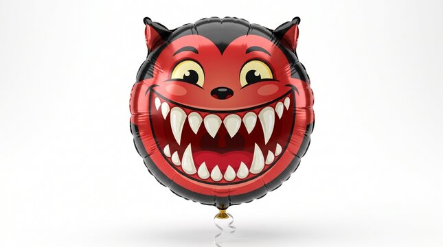 Red Halloween devil face balloon floating against white background