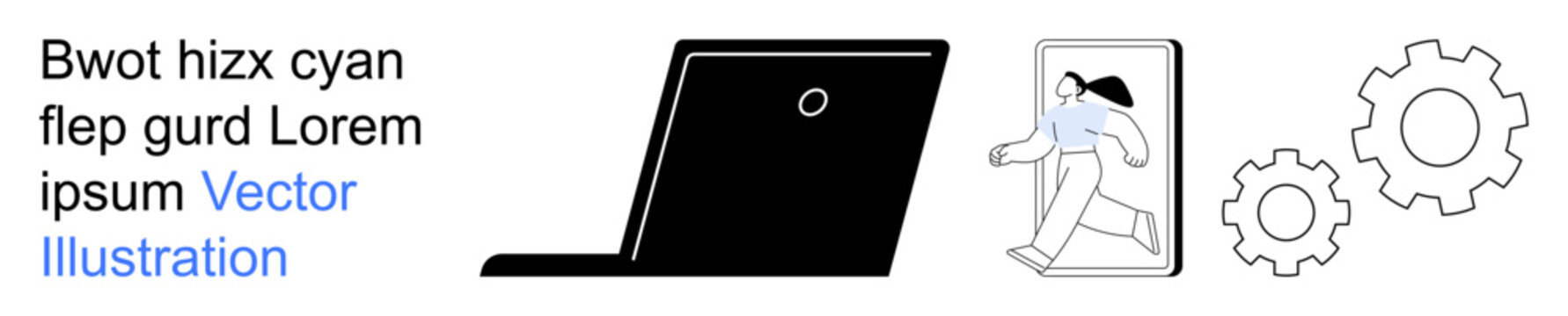 Digital innovation, remote work, online development, system automation, workflow management, progressive technology. Laptop, person exiting screen and gear icons. Digital innovation and remote work