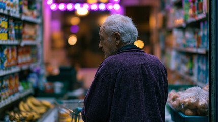 Obraz premium A solitary elderly man pushes a shopping cart through a half-empty corner store in a low-income neighborhood, shelves stocked primarily with processed goods, fresh produce section limited to bruised