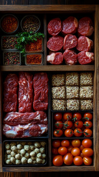 Meticulously arranged rustic wooden box filled with gourmet assortment of fresh ingredients: raw beef steaks, aromatic peppercorns, vibrant chili flakes, juicy cherry tomatoes, and delicate prepared f