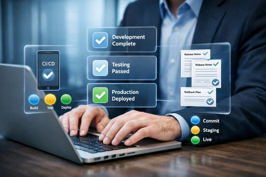 Developer monitors automated deployment pipelines on a laptop screen featuring continuous integration and delivery status updates for software releases.
