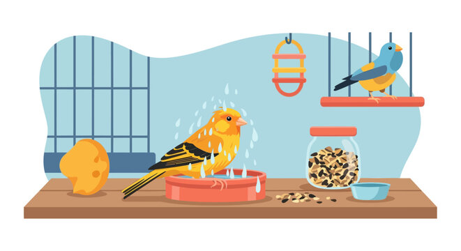 Cute yellow canary bird happily splashing and taking a refreshing bath in water