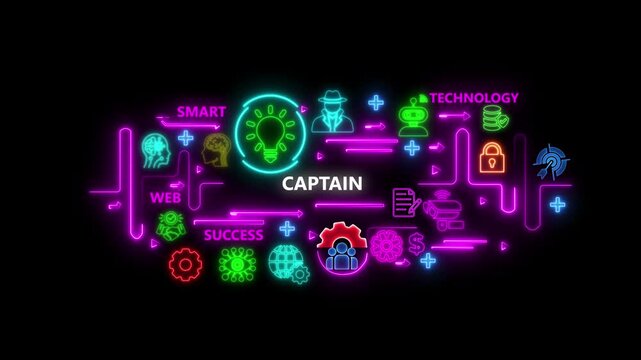 Neon captain concept infographic: digital strategy and business innovation animation