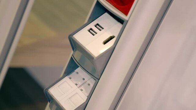 The vertical rack contains internet sockets, an HDMI port, two USB ports for charging, and 220-volt sockets. Closeup. Shot in motion 