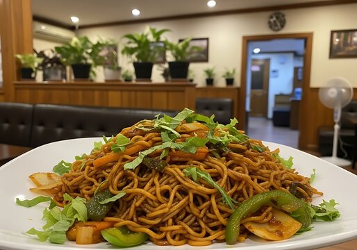 Close up of hakka noodles with garnish served on a white plate in a restaurant interior