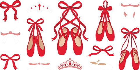 Obraz premium Elegant Ballet and Princess Elements Collection Featuring Pointe Shoes, Decorative Bows, and Crowns for Dance, Fashion, and Fairytale Designs