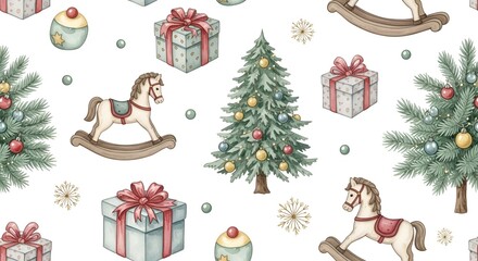 Fototapeta premium Christmas Seamless Pattern: Watercolor Trees, Gifts, Rocking Horses, and Ornaments