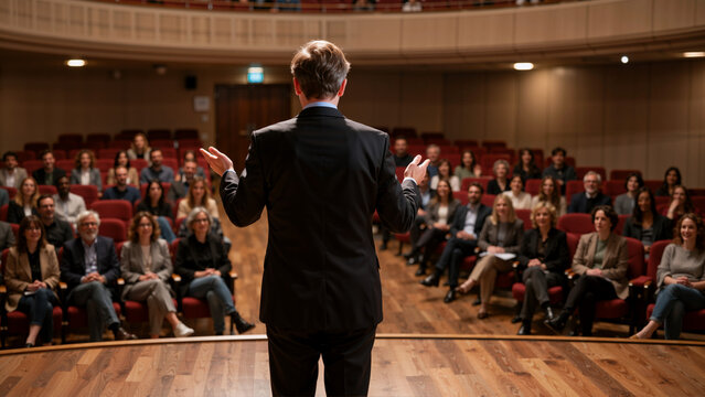 Man giving speech to audience in auditorium