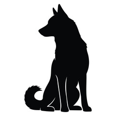 Profile silhouette of a husky dog sitting and looking left with pointed ears and curly tail. © MAHAFUZA
