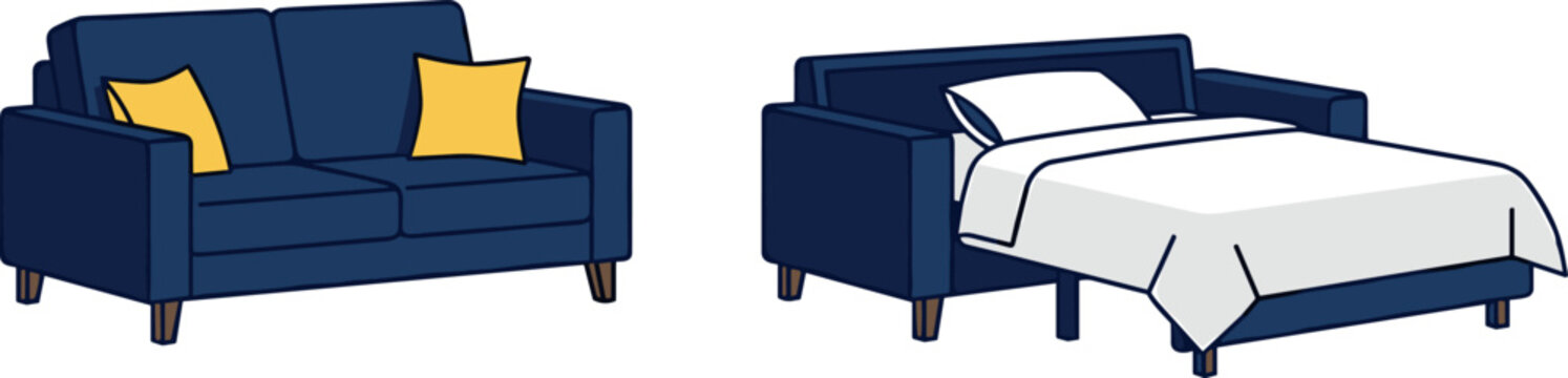 Modern Convertible Sofa Bed with Cushions and Fold Out Sleeper Function Vector Illustration for Space Saving Furniture Design