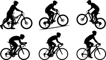 Obraz premium Cycling Athlete Silhouette Collection Featuring Mountain Bike and Road Bicycle Riding Action Poses for Sports and Fitness Designs