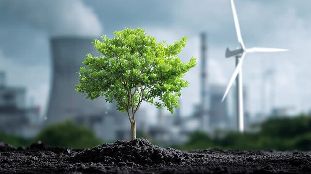young green tree against industrial skyline, sapling rooted in dark soil with wind turbine and cooling tower blurred in background, moody cloudy sky, visual