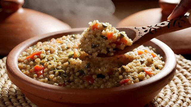 Closeup of a wooden spoon scooping steaming hot couscous with vegetables from a rustic clay bowl.