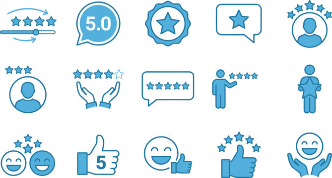 Customer review and rating vector line icon set with five stars thumbs up user profile and testimonial bubbles