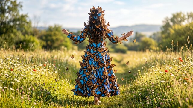 A woman whose dress is made of butterfly wings, live butterflies still attached